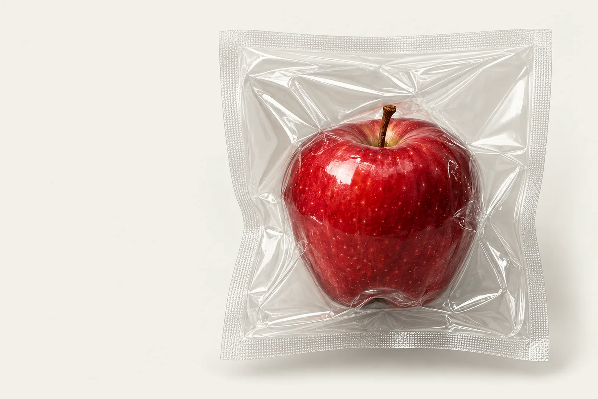Una manzana roja perfecta dentro de un envoltorio de plástico transparente que se hincha y se deshincha.